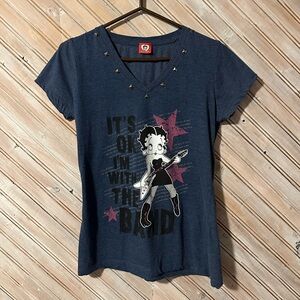 Betty Boop Dark Blue I’m With The Band Graphic Tee V Neck Stones Rock